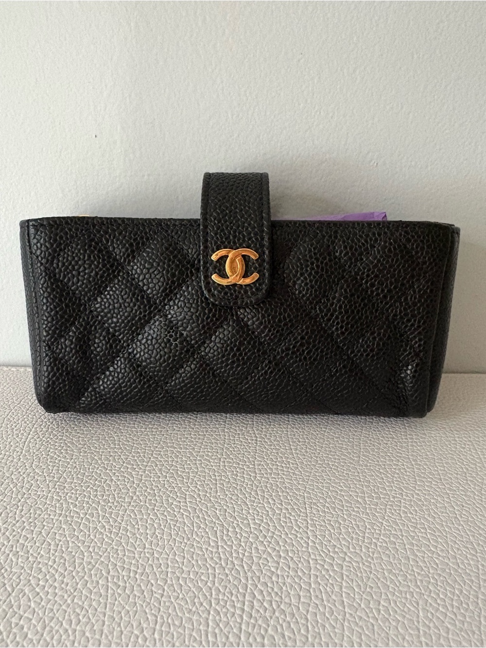 CHANEL Black Quilted Caviar Leather Wallet Pouch Gold CC